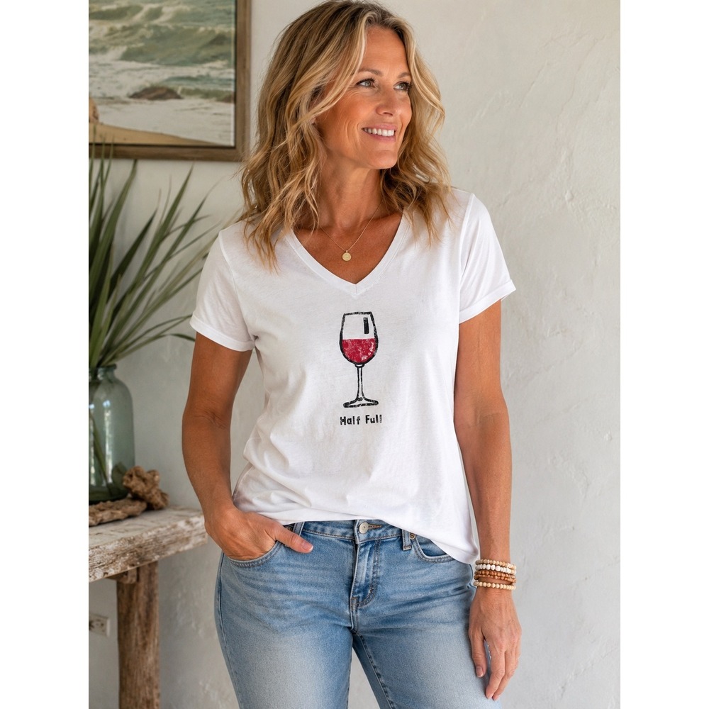 Life is Good Womens White Half Full Wine Glass Graphic V-Neck T-Shirt Large